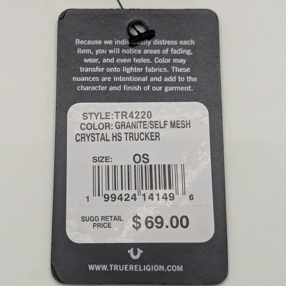 True Religion Crystal HS Trucker Hat Granite Gray Buddha Logo Studded TR4220 OS